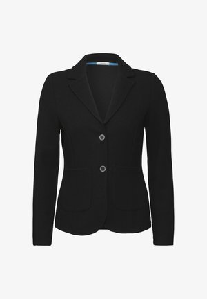 Blazer femme noir texturé avec deux boutons, revers crantés, manches longues et deux poches plaquées à l'avant.