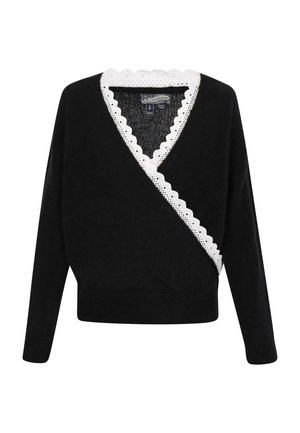 Černý svetr s vroubkovaným bílým krajkovým lemem podél výstřihu a spodního okraje, s dlouhými rukávy a měkkou texturou.