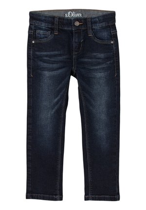 Donkerblauwe spijkerbroek van denim met zichtbare stiksels, vijf zakken en een standaard tailleband. Voorzien van een metalen knoopsluiting en een lichte vervaging.