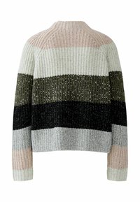 Chunky Strickpullover mit horizontalen Streifen in Beige, Weiß, Oliv mit Pailletten, Schwarz, Grau und Pink, von hinten gezeigt.