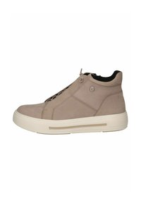 Beige suede high-top sneaker with a padded collar, lace-up closure, and a white rubber sole featuring a sleek design and subtle logo detail.