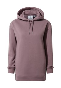 Hooded sweatshirt in dusty mauve, made of soft cotton blend. Features adjustable drawstrings and ribbed cuffs with a relaxed fit design.