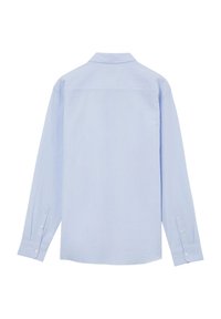 Camicia azzurro chiaro a maniche lunghe realizzata in un tessuto testurizzato. Presenta un colletto, polsini con bottoni e un orlo dritto. Vista posteriore mostrata.