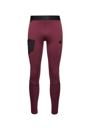 Burgundy slim-fit pants with black elastic waistband, zippered thigh pocket on left leg, and a small black logo on right thigh.