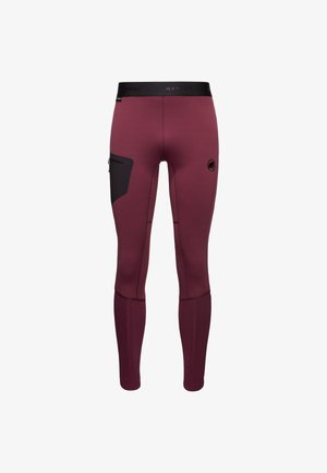 Burgundy slim-fit pants with black elastic waistband, zippered thigh pocket on left leg, and a small black logo on right thigh.