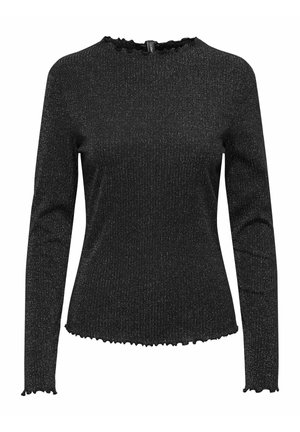Top nero a maniche lunghe con tessuto testurizzato e scintillante. Presenta un colletto e un orlo arricciati. Design aderente.