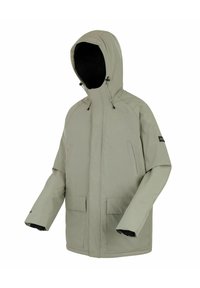 Light gray winter jacket with hood, front zipper, two flap pockets, and adjustable drawstrings on hood, displayed on white background.