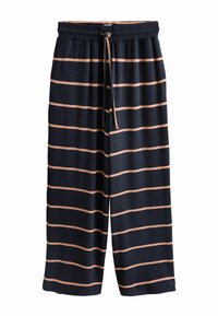 Pantaloni de lounge raioși albastru marin cu dungi orizontale piersică, realizați dintr-un material moale, având talie elastică și sistem de închidere cu șnur.