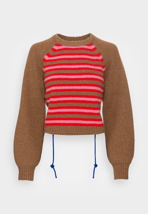 Pull tricot marron avec des rayures horizontales roses, rouges et beiges sur la poitrine, des manches bouffantes et des cordons bleus pendants de l'ourlet.