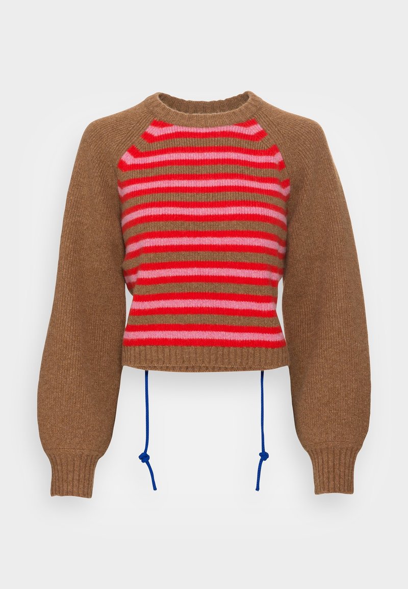 Pull tricot marron avec des rayures horizontales roses, rouges et beiges sur la poitrine, des manches bouffantes et des cordons bleus pendants de l'ourlet.