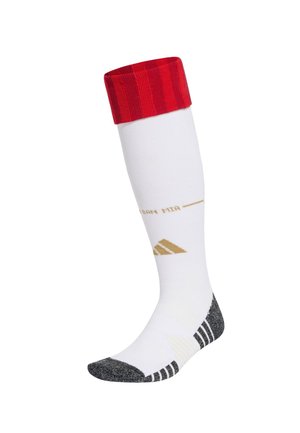 Weißer knielanger Sportsocken mit rotem geripptem Bündchen, goldener Schrift "SAN MIA", goldenem Logo am Schienbein und schwarzer verstärkter Zehen- und Fersenpartie.