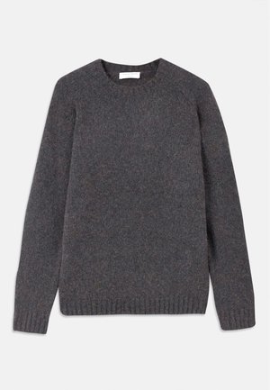 Sweater de lã cinza com decote redondo e mangas raglan compridas. Apresenta punhos e barra canelados, exibindo um acabamento suave e texturizado.