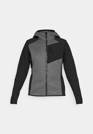 Giacca a zip grigia e nera con cappuccio, caratterizzata da un corpo strutturato, materiale delle maniche liscio e tasche laterali con zip.