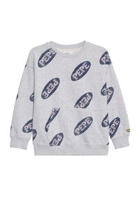 Jasnoszara bluza z okrągłym dekoltem ze wzorem powtarzających się ciemnych owalnych logo z napisem "PEPE" w kolorze białym i czerwonym, z prążkowanymi mankietami i dolnym wykończeniem.