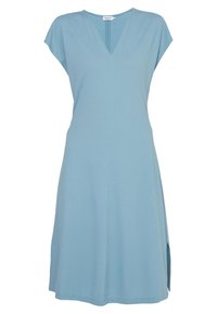 Abito azzurro chiaro a maniche corte con scollatura a V, realizzato in tessuto morbido. Presenta spacchi laterali e una vestibilità rilassata, ideale per un look casual.