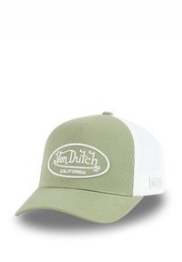 Gorra verde claro con parte trasera de malla blanca, que presenta un destacado logo bordado "Von Dutch California" en blanco.