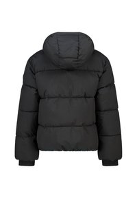 Black puffer jacket with a drawstring hood, featuring a quilted design, wide sleeves, and ribbed cuffs. Smooth, insulated material.