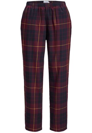 Pantalons à carreaux avec une base bordeaux ornée de motifs carrés noirs et jaunes, fabriqués en tissu doux avec une taille élastique.