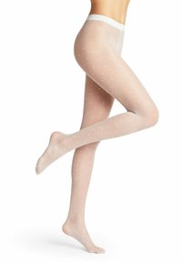 Collants blancs transparents avec un motif à pois, présentant une taille solide et une texture douce, conçus pour épouser étroitement les jambes.
