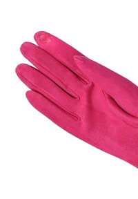 Guanto in pelle rosa con una texture morbida, tre cuciture sulle dita e un design con polso aperto. Nessun motivo distintivo o hardware visibile.