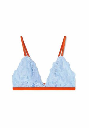 Bralette in pizzo azzurro chiaro con banda arancione. Presenta bordi ondulati e sottili spalline regolabili, creando un design delicato.