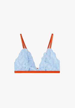 Spitzen-Bralette in Hellblau mit orangefarbenem Band. Hat gewellte Kanten und dünne verstellbare Träger, die ein zartes Design schaffen.