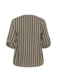Olive green striped blouse with three-quarter sleeves, featuring white vertical stripes and rolled sleeve cuffs. Soft fabric with loose fit.