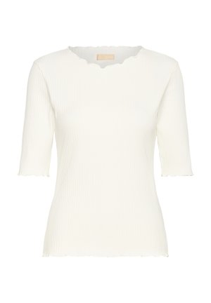 Geribbelde witte t-shirt met een golvende halslijn en korte mouwen. Glad textuur en zachte stof; casual pasvorm met een iets verkorte zoom.