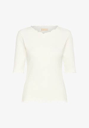 Geribbelde witte t-shirt met een golvende halslijn en korte mouwen. Glad textuur en zachte stof; casual pasvorm met een iets verkorte zoom.