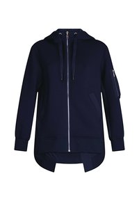 Felpa con zip navy realizzata in materiale morbido; presenta un cappuccio con cordino, tasche laterali e una tasca con zip sulla manica. Maniche lunghe e vestibilità rilassata.