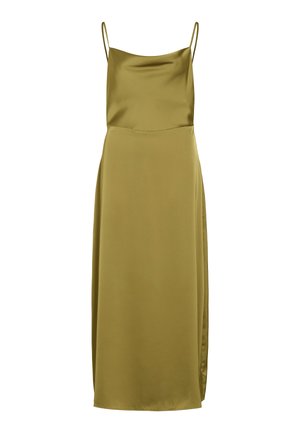 Olive green satin dress with thin spaghetti straps, a smooth texture, and a long silhouette featuring a side slit for added detail.