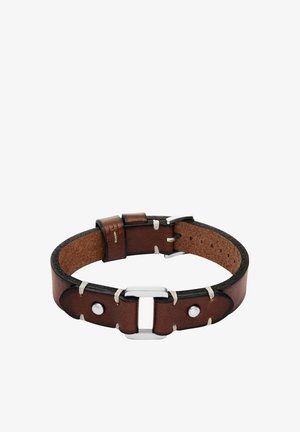 Braunes Lederarmband mit schwarzen Akzenten. Verfügt über silberne Beschläge und weiße Nähte. Verstellbar mit einer einfachen Dornschließe.