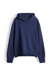 Marineblauer Hoodie aus weichem Stoff, mit einer vorderen Kängurutasche, breiten Bündchen und einem lockeren Schnitt mit Kapuze und Kordelzug.