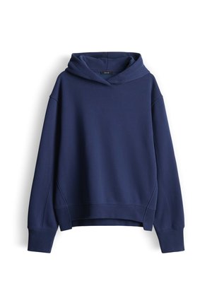 Marineblauer Hoodie aus weichem Stoff, mit einer vorderen Kängurutasche, breiten Bündchen und einem lockeren Schnitt mit Kapuze und Kordelzug.