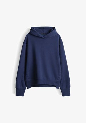 Marineblauer Hoodie aus weichem Stoff, mit einer vorderen Kängurutasche, breiten Bündchen und einem lockeren Schnitt mit Kapuze und Kordelzug.