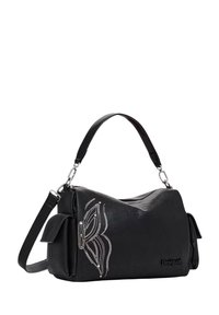 Sac à main synthétique noir avec broderie florale argentée, doubles poignées, bandoulière amovible et base plate pour la stabilité.
