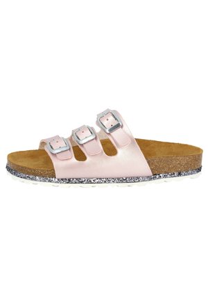 Pink leather slide sandal featuring three adjustable straps with silver buckles, a cork footbed, and a glittery sole trim.
