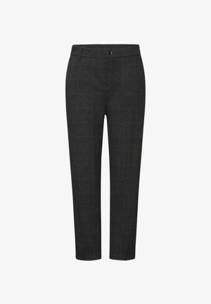 Räätälöidyt hiilenharmaat housut, jotka on valmistettu tekstuurista kankaasta ja joissa on hienovarainen ruutukuosi sekä klassinen vyötärö, jossa on etunappikiinnitys.