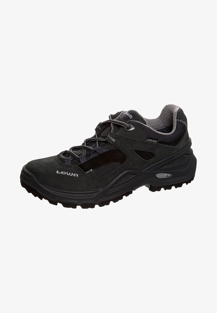 Chaussure de randonnée noire Lowa avec Gore-Tex, design à lacets, col rembourré et semelle robuste pour usage en extérieur.