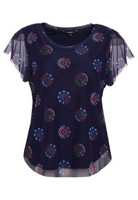 Navy blue top with floral pattern, short sheer sleeves, round neckline, and a relaxed fit. Material appears lightweight and breathable.