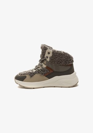 Chunky grey and taupe boot with faux fur collar, leather accents, textured panels, rubber soles, and lace-up front design.