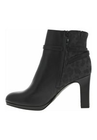 Bottines noires avec une tige en cuir lisse, un panneau latéral texturé présentant un motif léopard subtil, et un talon block haut.