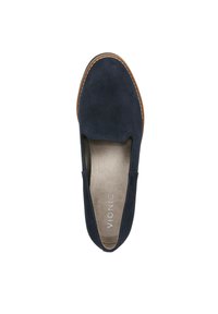 Navy suede slip-on shoe with a rounded toe, beige insole, and brown rubber sole. Features stitching accents along the edge.