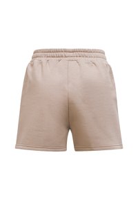 Beige Baumwollshorts mit elastischem Bund, seitlichen Taschen und einem sauberen Abschluss am Saum. Der Stoff wirkt weich und glatt.