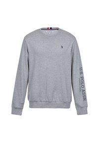 Sweat-shirt gris clair à manches longues avec texte U.S. Polo Assn. sur la manche droite et petit logo sur la poitrine gauche, col rond.