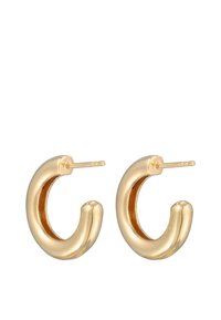 Goldfarbene Creolen mit einem glatten, abgerundeten Design und einem hohlen Inneren. Der Verschluss besteht aus einem Pfosten für sicheren Halt.