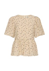 Beige peplum blouse met pofmouwen, voorzien van een klein bladerenpatroon in marineblauw en roest. Gelaagde stof met een sleutelgatdetail aan de achterkant.