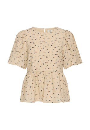Beige peplum blouse with puff sleeves, featuring a small leaf print in navy and rust. Textured fabric with a back keyhole detail.