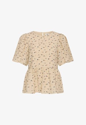 Kreminė peplumo bluzonė su pūstomis rankovėmis, puikuojanti mažu lapų raštu tamsiai mėlyna ir rudai. Tekstūruotas audinys su nugaros skylutės detale.