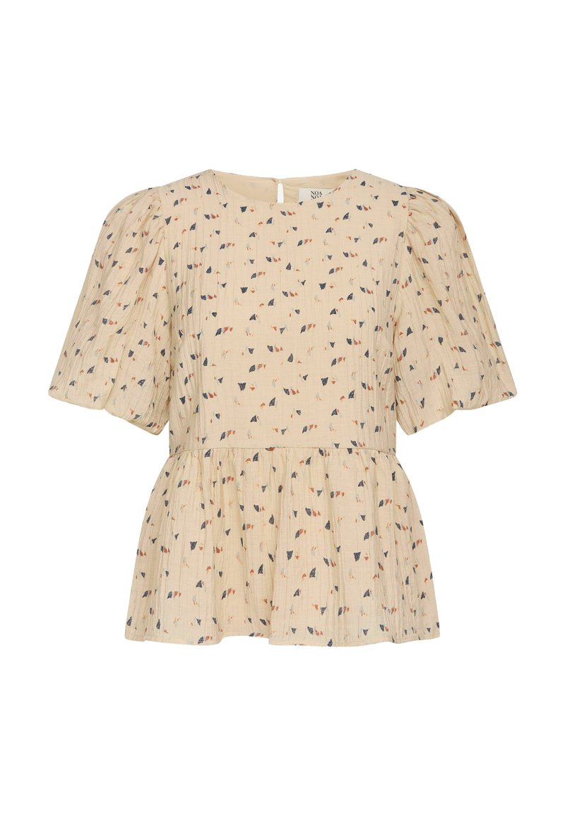 Beige peplum blouse met pofmouwen, voorzien van een klein bladerenpatroon in marineblauw en roest. Gelaagde stof met een sleutelgatdetail aan de achterkant.